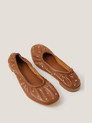 Monsoon Brown Mila Leather Stud Ballet Pumps - Image 3 of 3