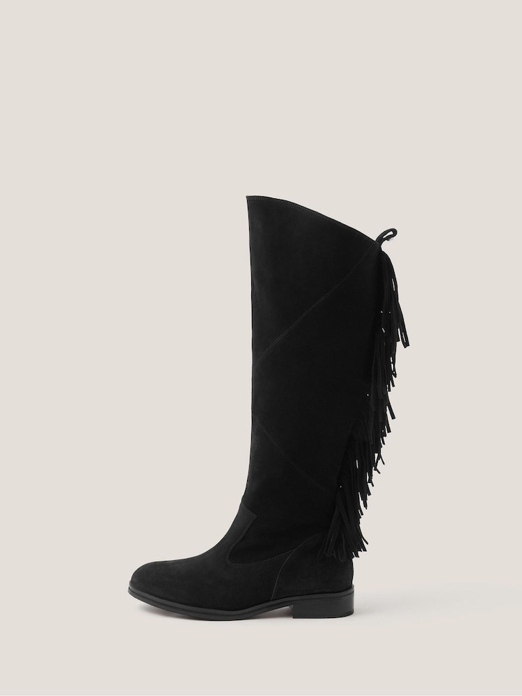 Monsoon Black Flo Fringe Suede Knee High Boots - Image 1 of 3