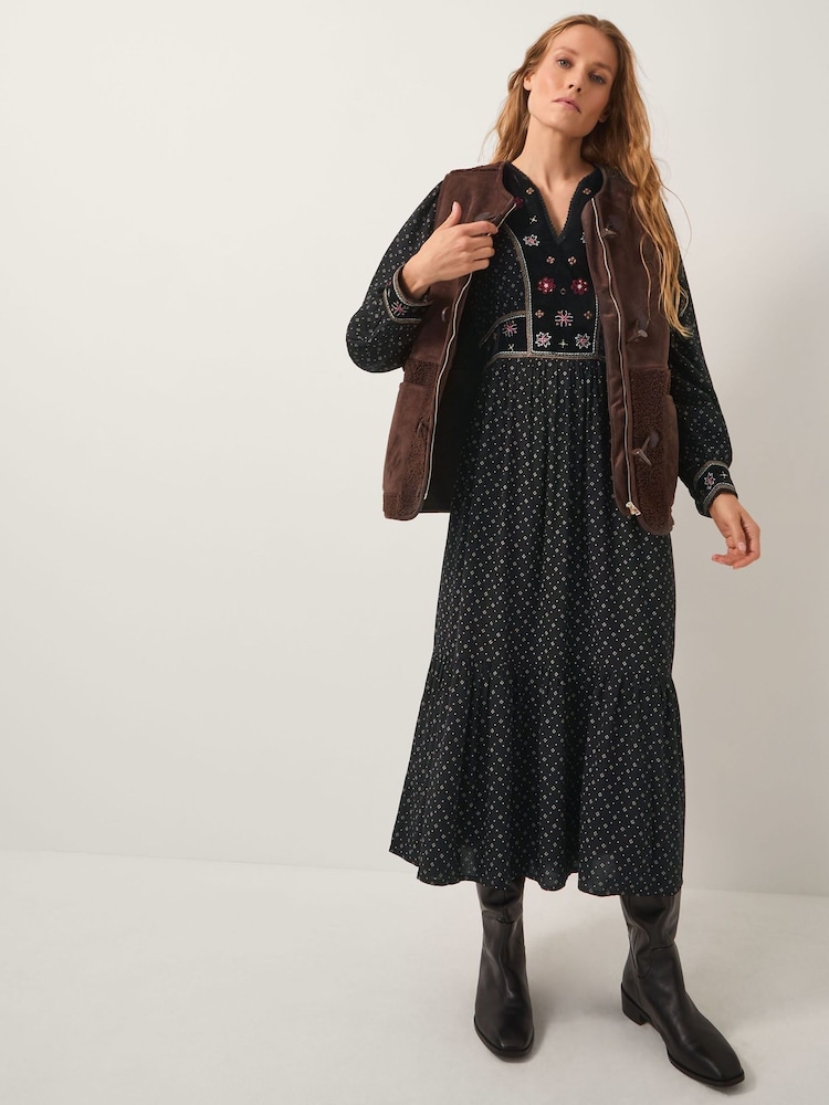 Monsoon Black Zoie Embroidered Print Midi Dress - Image 1 of 4 Monsoon Black Zoie Embroidered Print Midi Dress - Image 1 of 4