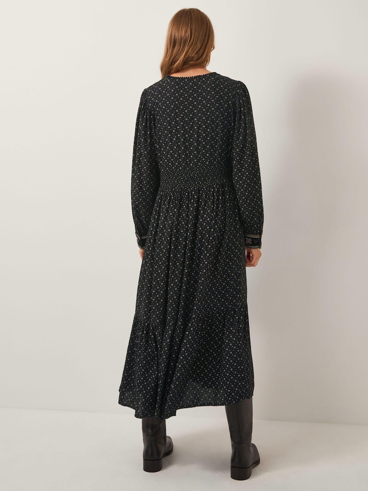 Monsoon Black Zoie Embroidered Print Midi Dress - Image 2 of 4 Monsoon Black Zoie Embroidered Print Midi Dress - Image 2 of 4