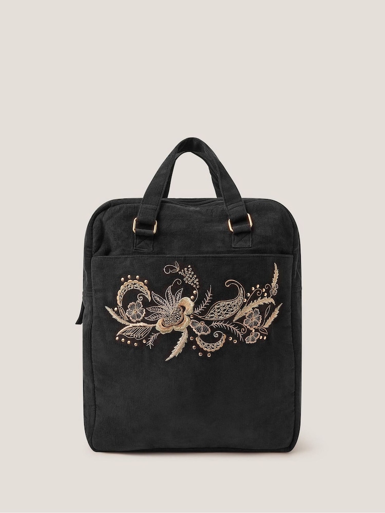 Monsoon Black Lily Embroidered Corduroy Backpack - Image 1 of 3