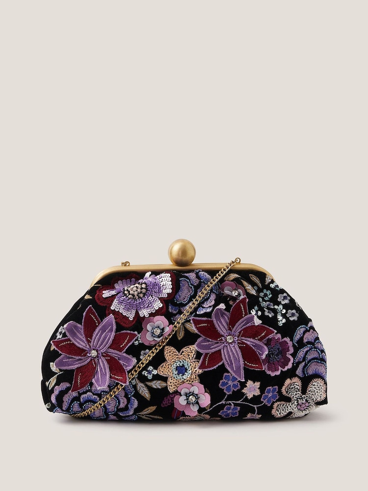 Monsoon Black Maisy Floral Embellished Clutch Bag - Image 1 of 3
