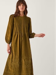 Monsoon Green Joyce Pintuck Embroidered Corduroy Midi Dress - Image 1 of 4