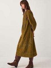 Monsoon Green Joyce Pintuck Embroidered Corduroy Midi Dress - Image 3 of 4