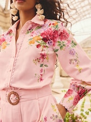 Love & Roses Blush Pink Floral Printed Lace Trim Button Through Long Sleeve Shirt - Image 2 of 4