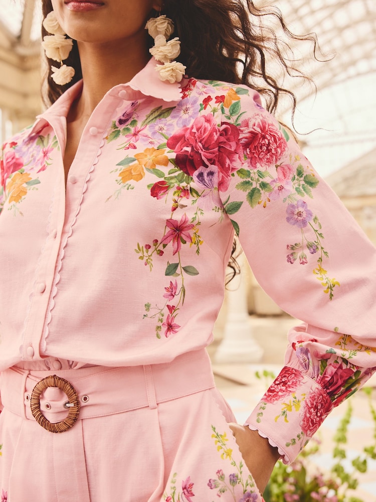 Love & Roses Blush Pink Floral Printed Lace Trim Button Through Long Sleeve Shirt - Image 2 of 4