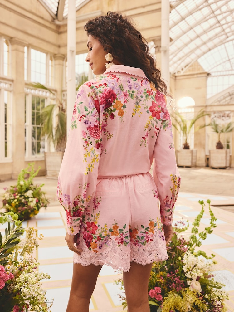 Love & Roses Blush Pink Floral Printed Petite Lace Trim Button Through Long Sleeve Shirt - Image 2 of 4