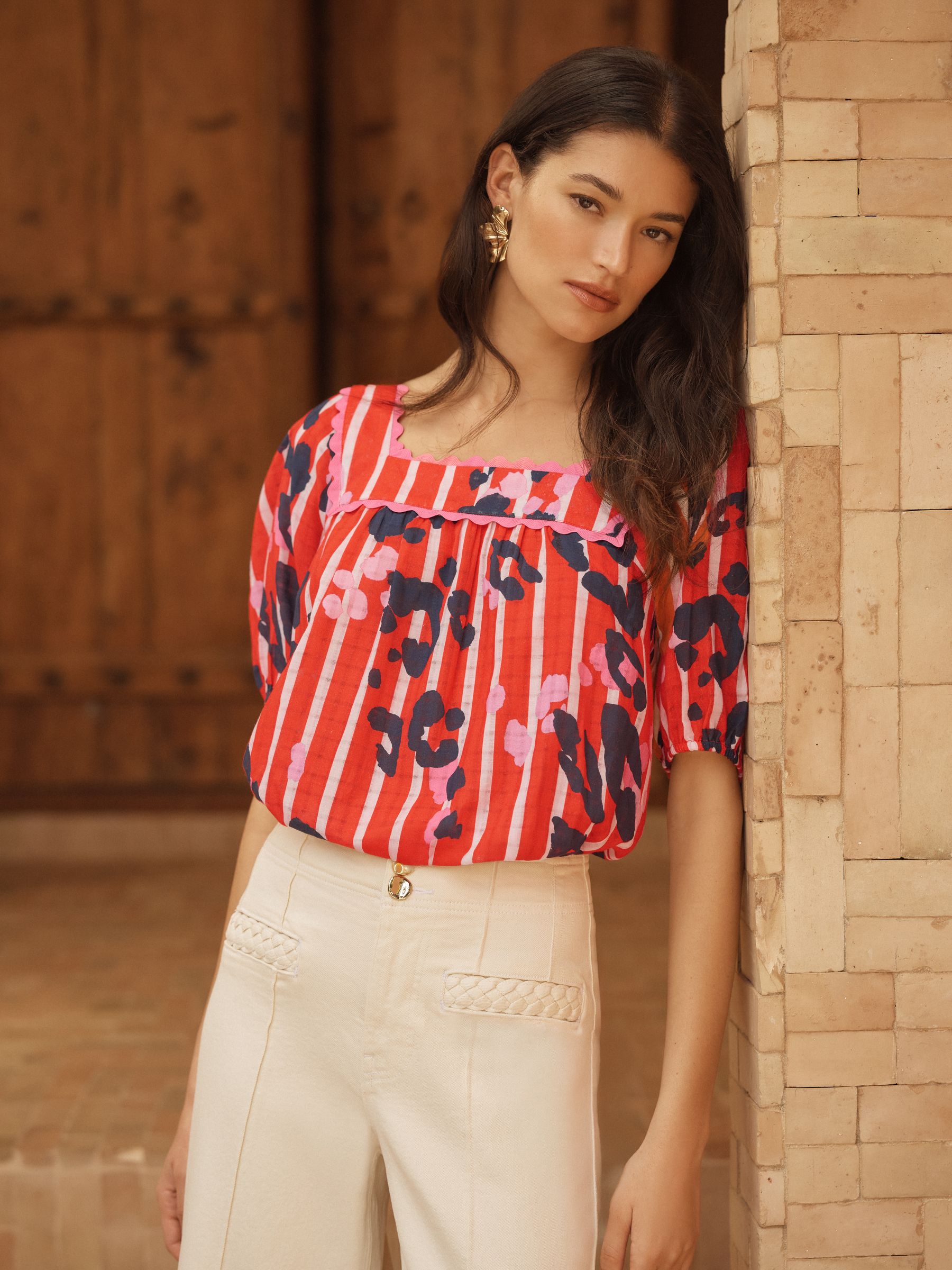 Buy Love & Roses Red Animal Stripe Flower Embroidered Square Neck