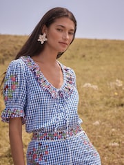 Love & Roses Blue Petite Gingham Embroidered Blouse - Image 1 of 5