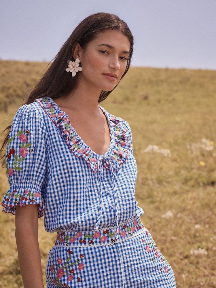 Love & Roses Blue Petite Gingham Embroidered Blouse - Image 1 of 5