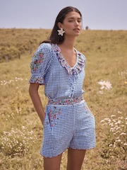 Love & Roses Blue Petite Gingham Embroidered Blouse - Image 2 of 5