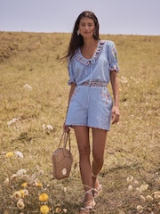 Love & Roses Blue Petite Gingham Embroidered Blouse - Image 4 of 5