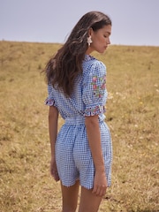 Love & Roses Blue Petite Gingham Embroidered Blouse - Image 5 of 5