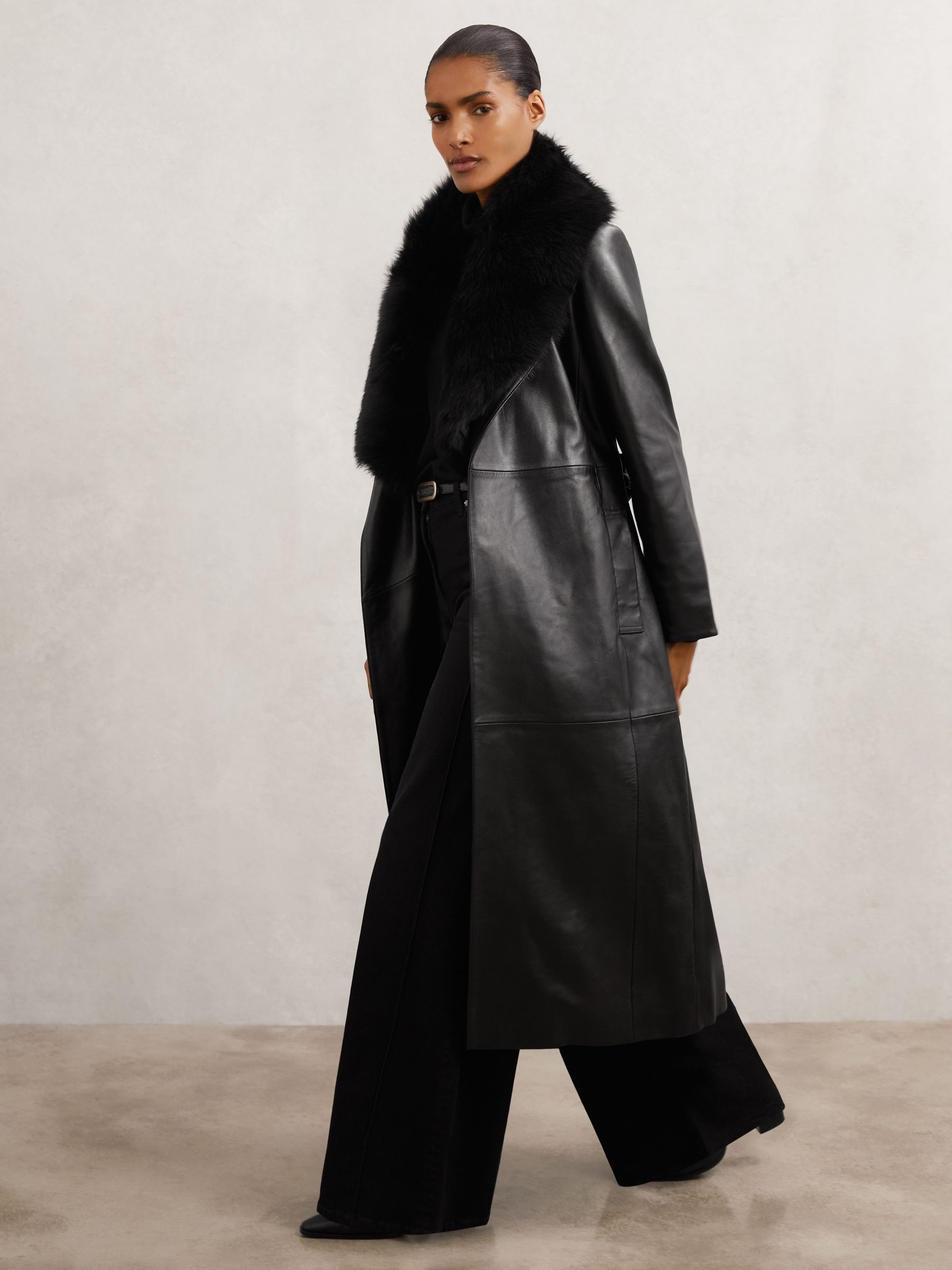 Buy Reiss Black Estee Leather Trench Coat With Shearling Collar