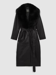 Reiss Black Estee Leather Trench Coat With Shearling Collar - Image 2 of 7