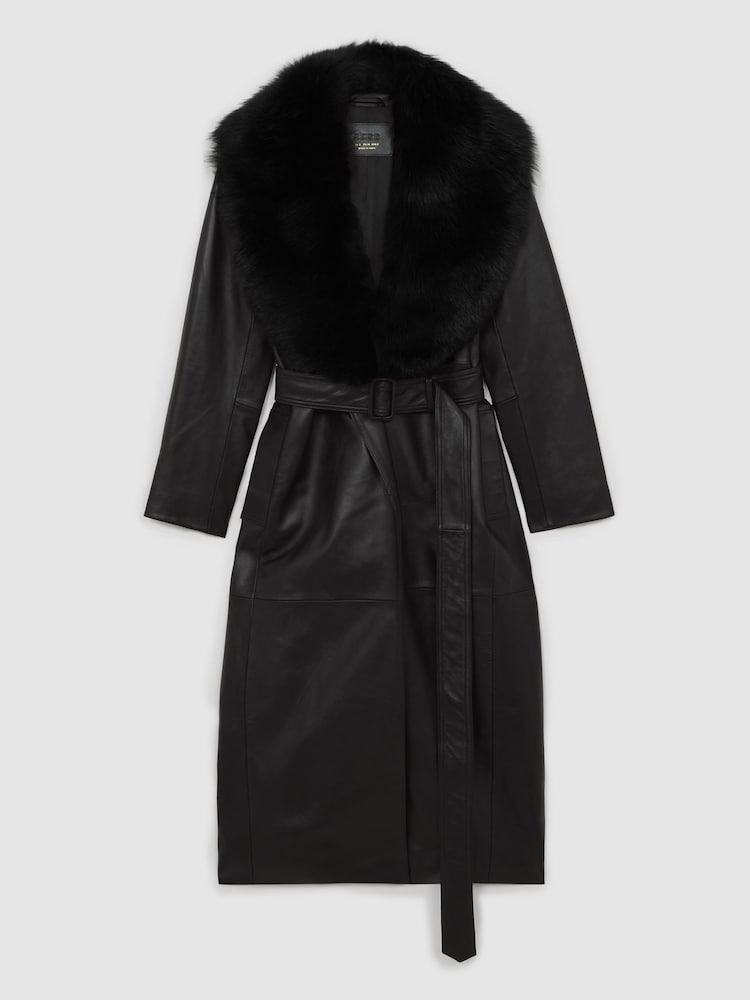 Reiss Black Estee Leather Trench Coat With Faux-Fur Collar - Image 2 of 7 Reiss Black Estee Leather Trench Coat With Faux-Fur Collar - Image 2 of 7