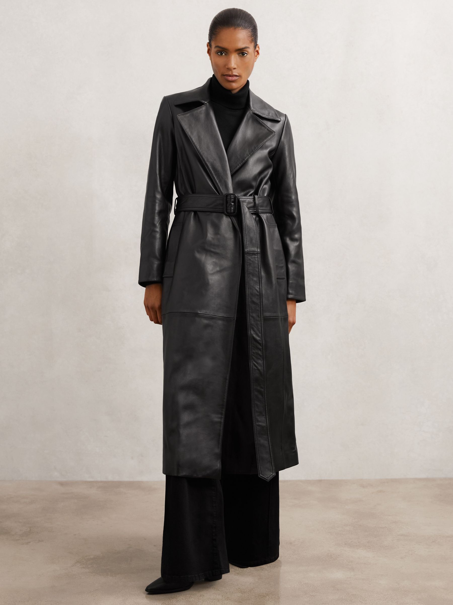 Buy Reiss Black Estee Leather Trench Coat With Shearling Collar