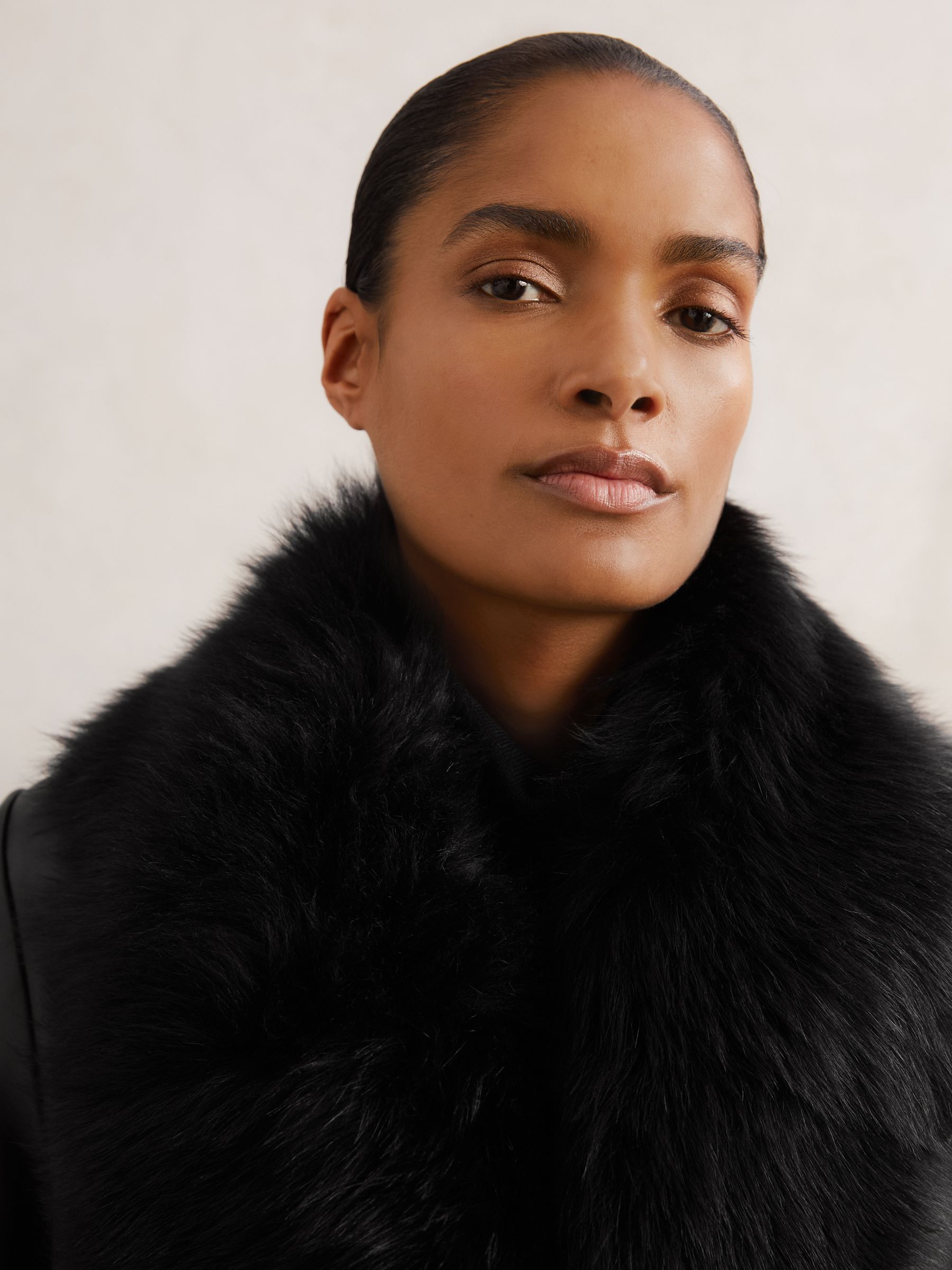 Buy Reiss Black Estee Leather Trench Coat With Shearling Collar