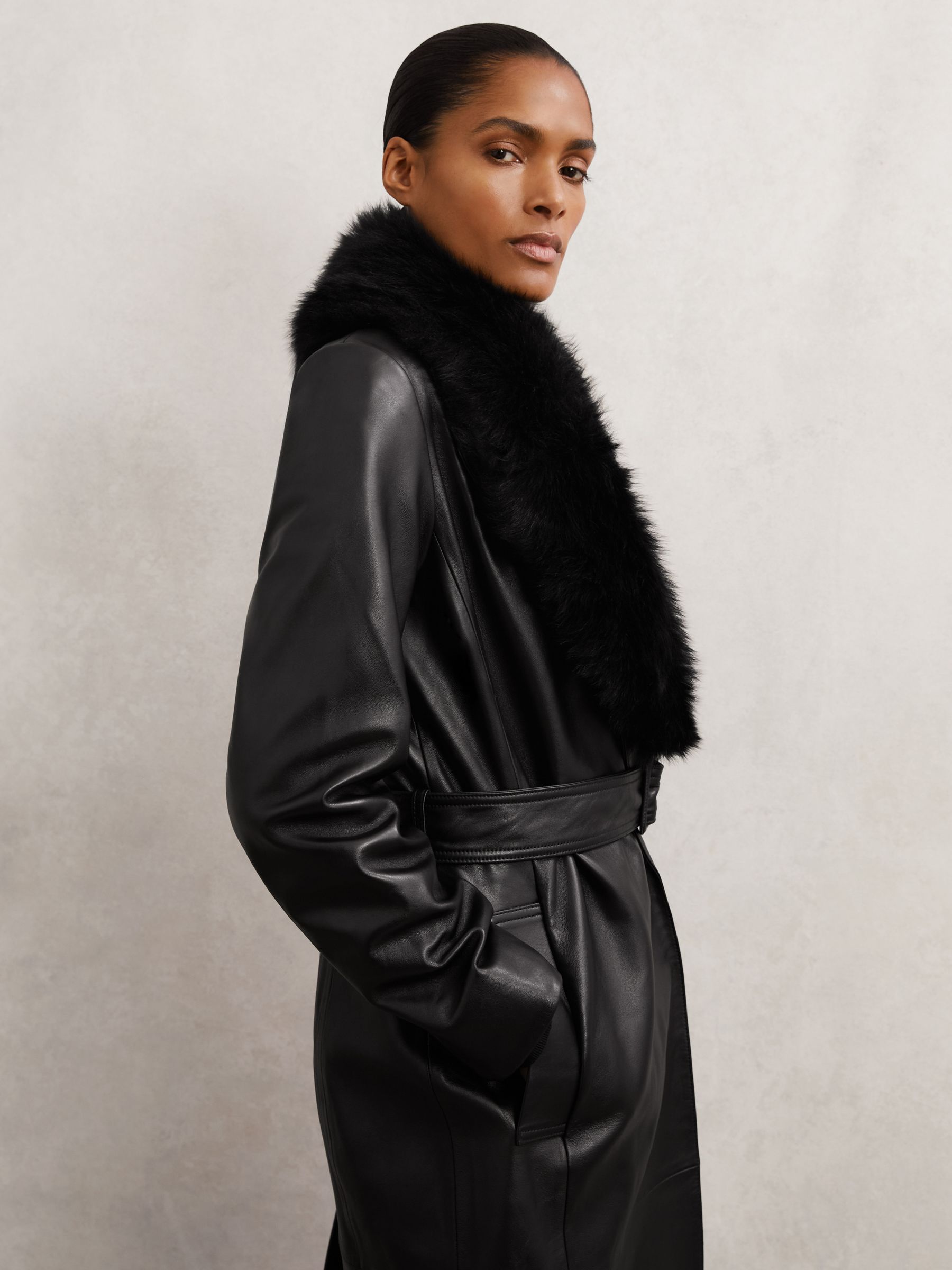 【deres/デレス】silk trench coat Buy Reiss Black Estee Leather Trench Coat With Shearling Collar