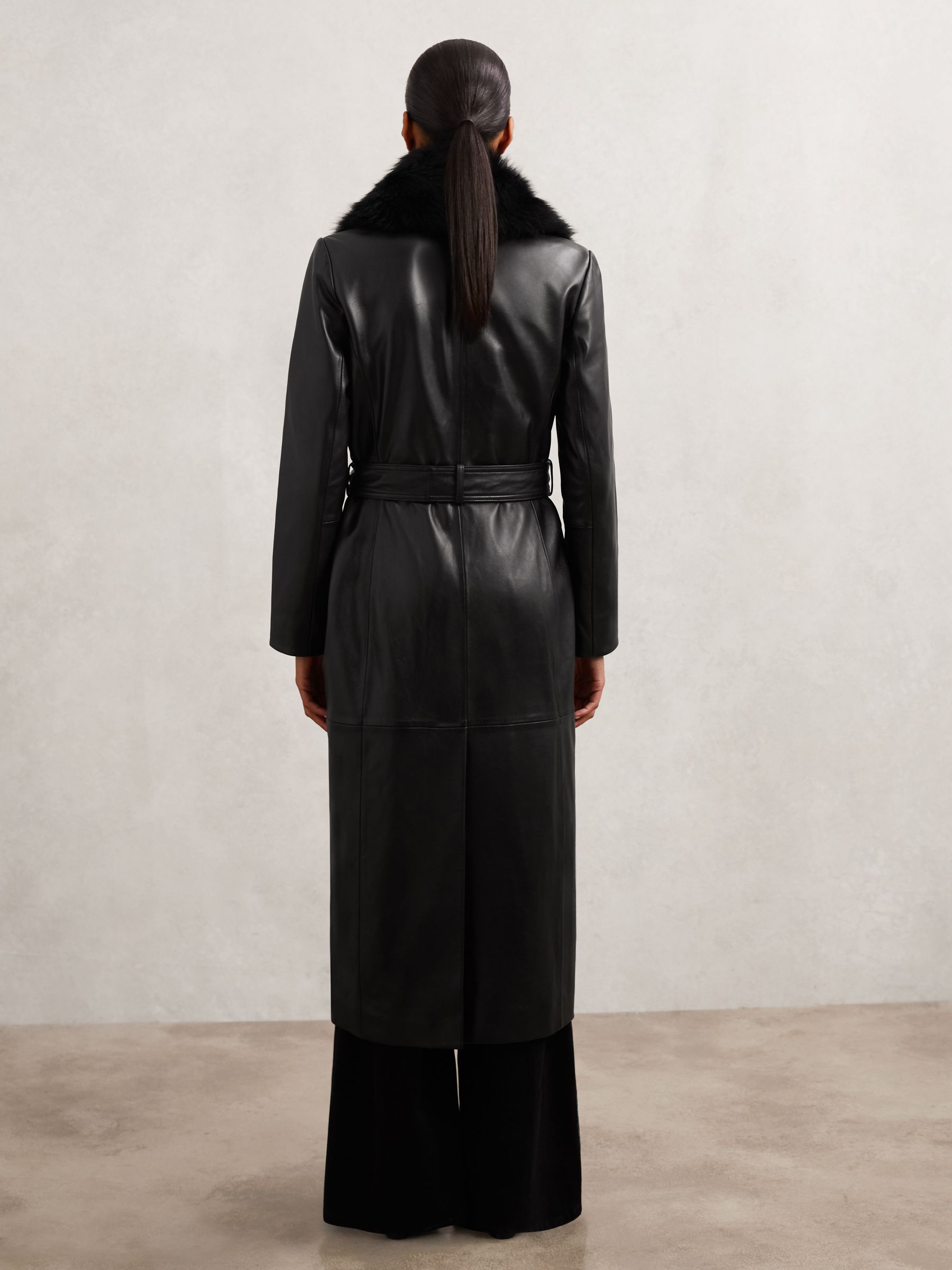 Buy Reiss Black Estee Leather Trench Coat With Shearling Collar