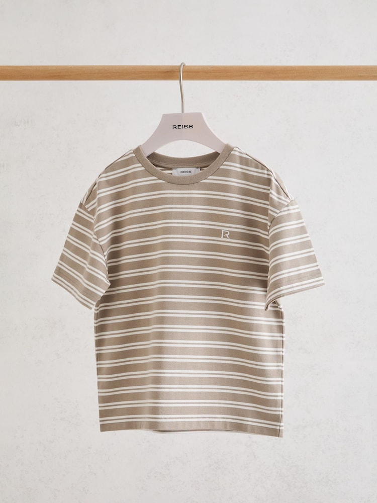 Reiss Taupe/White Emerson 3-9 yrs Cotton Stripe Logo-Embroidered T-Shirt - Image 2 of 3 Reiss Taupe/White Emerson 3-9 yrs Cotton Stripe Logo-Embroidered T-Shirt - Image 2 of 3