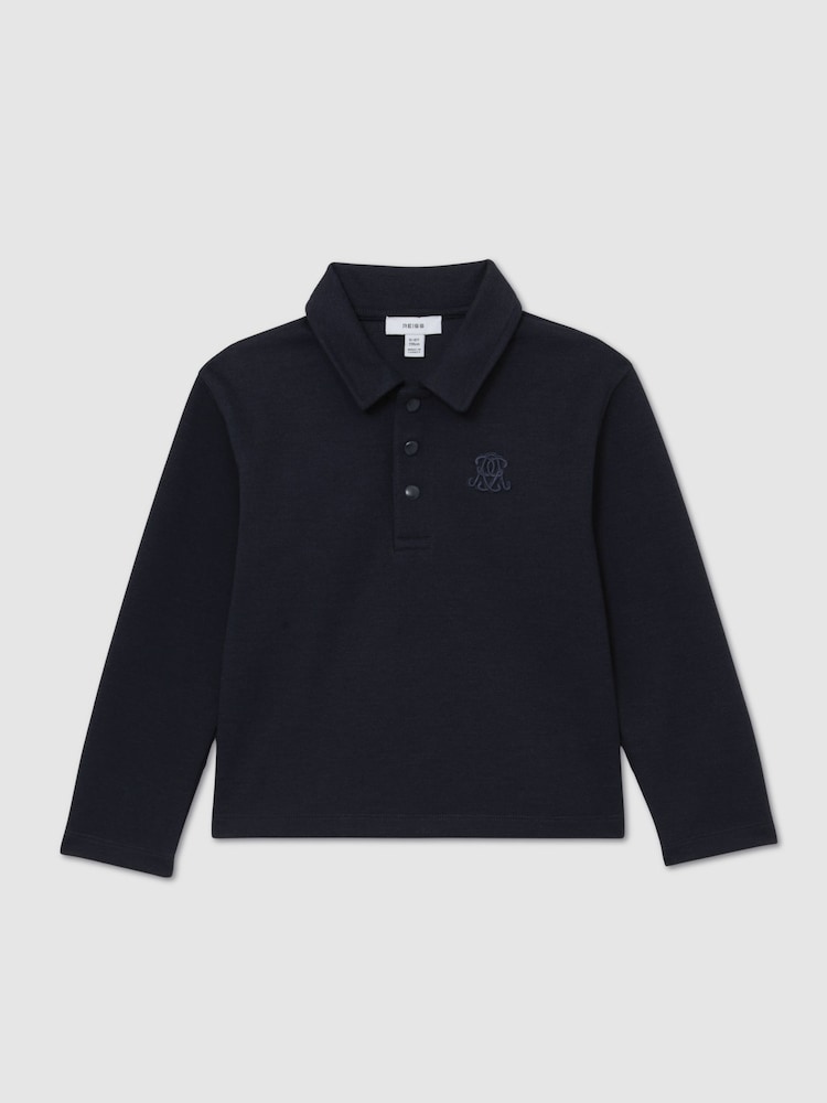 Reiss Navy Blue Willard Monogram Embroidered Polo Shirt - Image 2 of 5 Reiss Navy Blue Willard Monogram Embroidered Polo Shirt - Image 2 of 5
