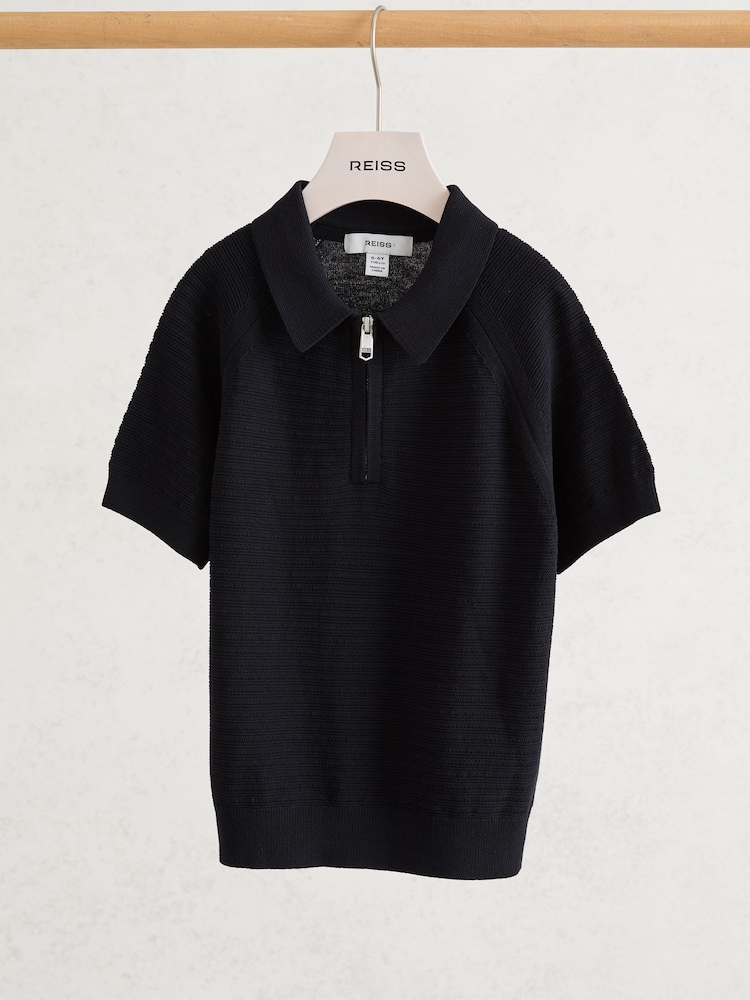 Reiss Navy Estate Textured-Knit Half-Zip Polo Shirt - Image 1 of 3