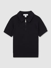Reiss Navy Estate Textured-Knit Half-Zip Polo Shirt - Image 2 of 3