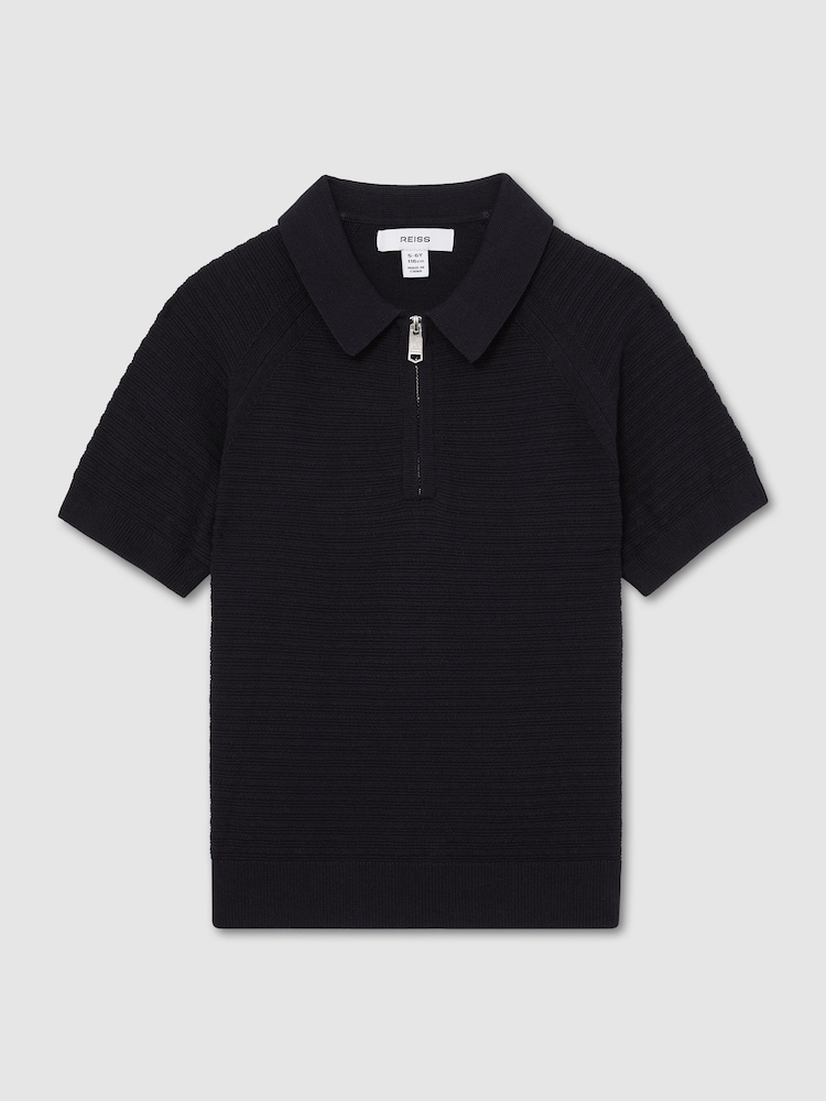 Reiss Navy Estate Textured-Knit Half-Zip Polo Shirt - Image 2 of 3