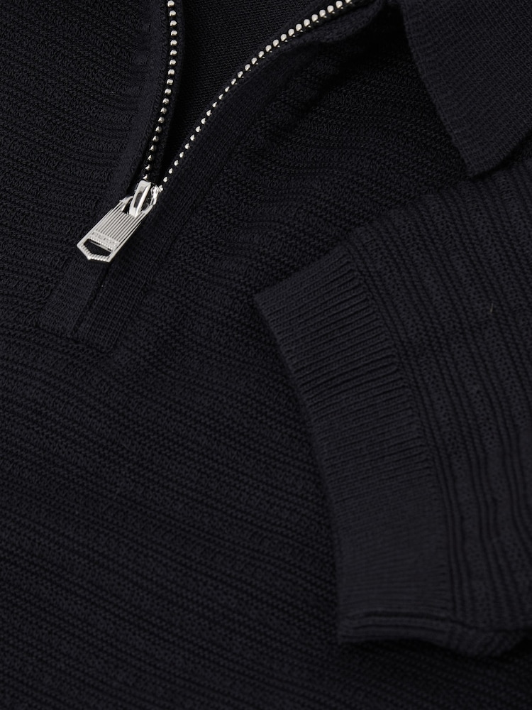 Reiss Navy Estate Textured-Knit Half-Zip Polo Shirt - Image 3 of 3