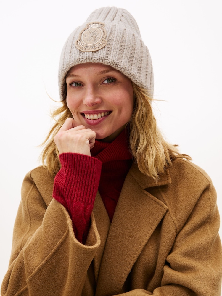 Tommy Hilfiger Natural TH Crest Pure Wool Beanie - Image 4 of 4 Tommy Hilfiger Natural TH Crest Pure Wool Beanie - Image 4 of 4