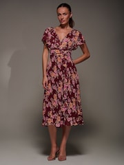 Jolie Moi Red Printed Ruffle Detail Pleated Chiffon Midi Dress - Image 1 of 6