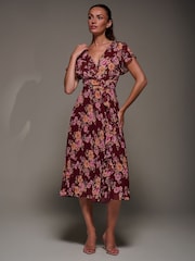 Jolie Moi Red Printed Ruffle Detail Pleated Chiffon Midi Dress - Image 2 of 6