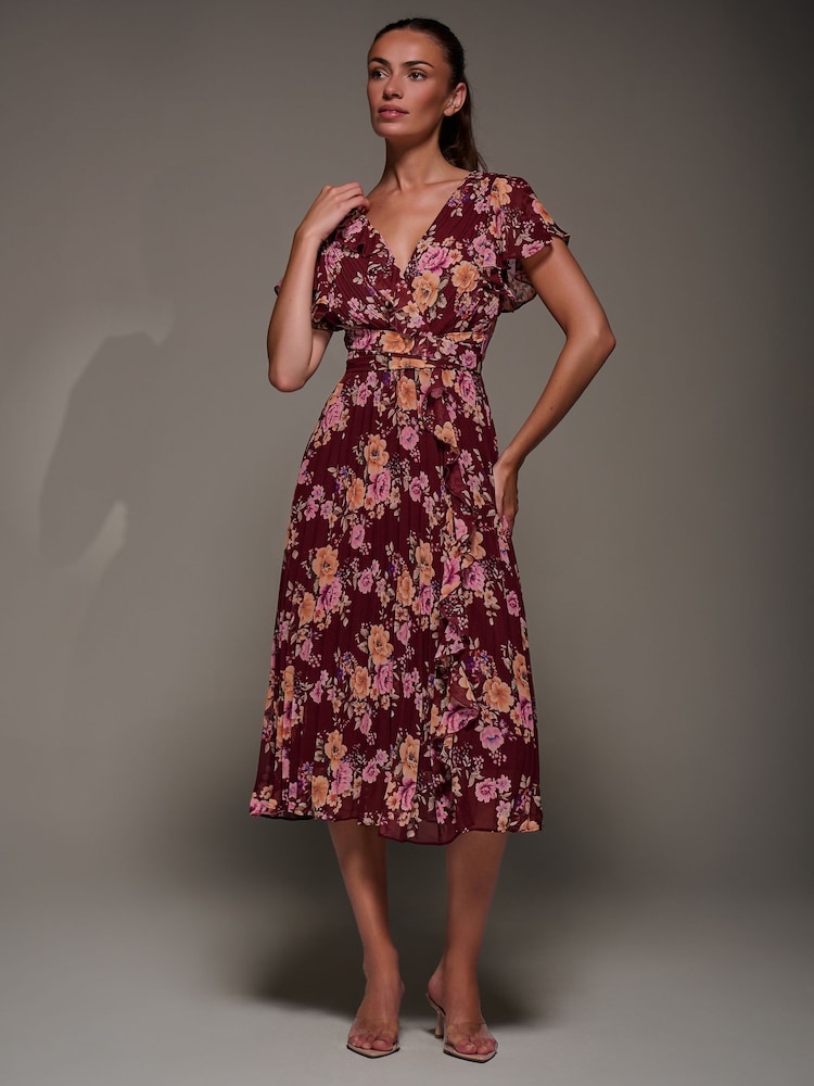 Jolie Moi Red Printed Ruffle Detail Pleated Chiffon Midi Dress - Image 2 of 6 Jolie Moi Red Printed Ruffle Detail Pleated Chiffon Midi Dress - Image 2 of 6