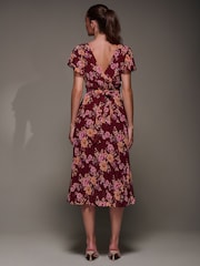Jolie Moi Red Printed Ruffle Detail Pleated Chiffon Midi Dress - Image 3 of 6