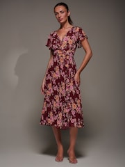 Jolie Moi Red Printed Ruffle Detail Pleated Chiffon Midi Dress - Image 4 of 6