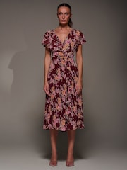 Jolie Moi Red Printed Ruffle Detail Pleated Chiffon Midi Dress - Image 5 of 6