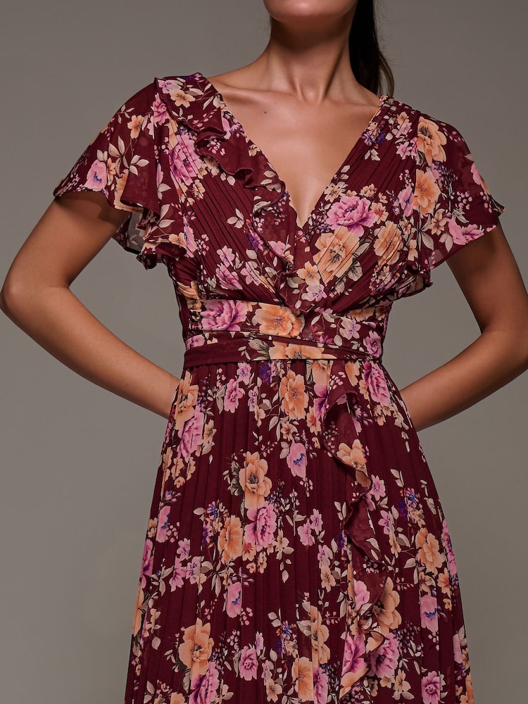 Jolie Moi Red Printed Ruffle Detail Pleated Chiffon Midi Dress - Image 6 of 6 Jolie Moi Red Printed Ruffle Detail Pleated Chiffon Midi Dress - Image 6 of 6