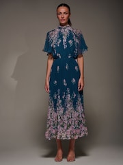 Jolie Moi Blue High Neck Short Sleeve Pleated Chiffon Dress - Image 1 of 6