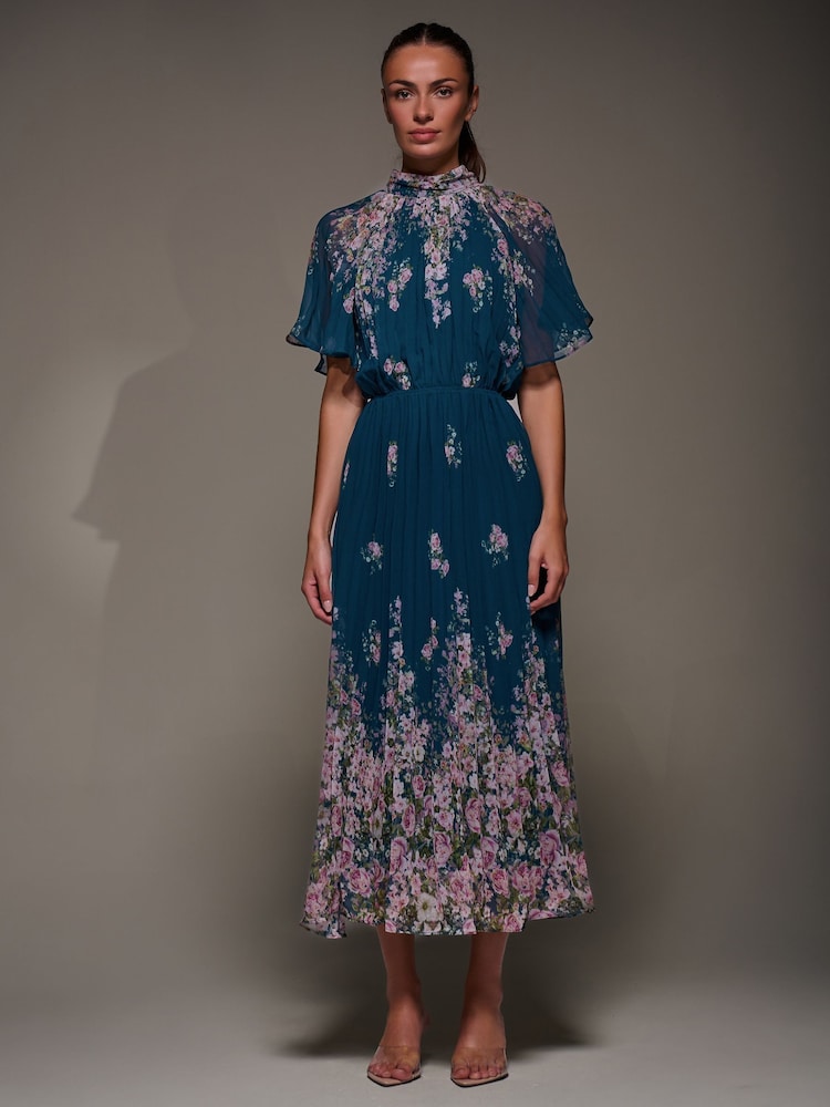 Jolie Moi Blue High Neck Short Sleeve Pleated Chiffon Dress - Image 1 of 6