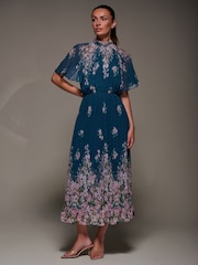 Jolie Moi Blue High Neck Short Sleeve Pleated Chiffon Dress - Image 2 of 6