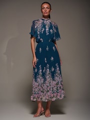 Jolie Moi Blue High Neck Short Sleeve Pleated Chiffon Dress - Image 3 of 6