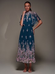 Jolie Moi Blue High Neck Short Sleeve Pleated Chiffon Dress - Image 4 of 6