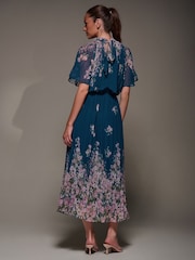 Jolie Moi Blue High Neck Short Sleeve Pleated Chiffon Dress - Image 5 of 6