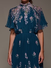 Jolie Moi Blue High Neck Short Sleeve Pleated Chiffon Dress - Image 6 of 6