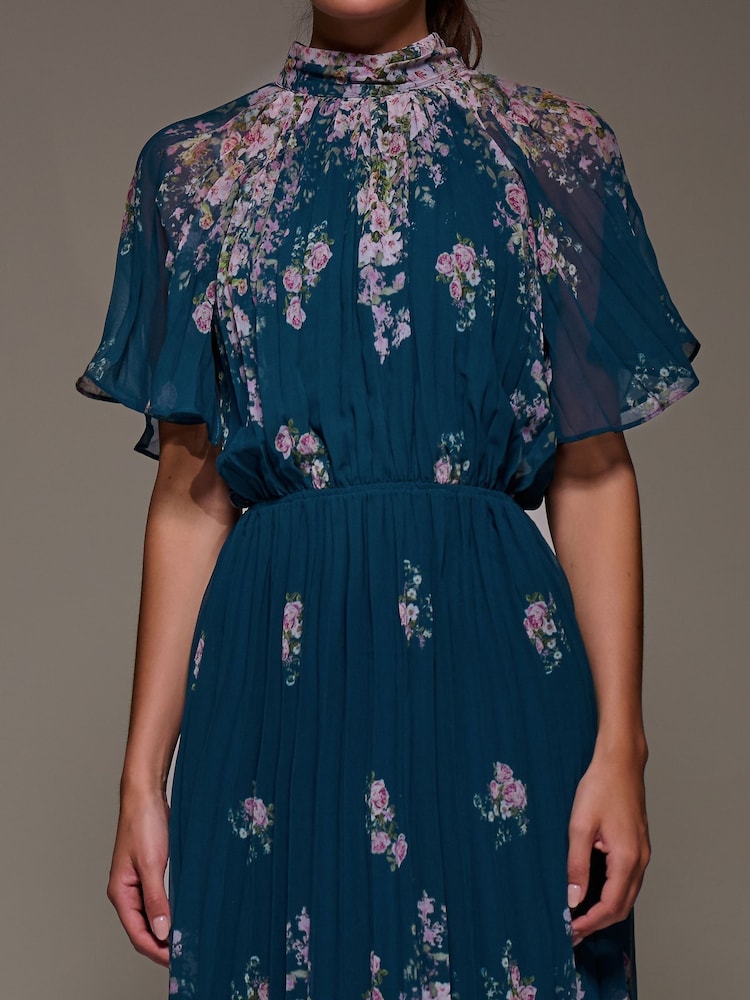 Jolie Moi Blue High Neck Short Sleeve Pleated Chiffon Dress - Image 6 of 6