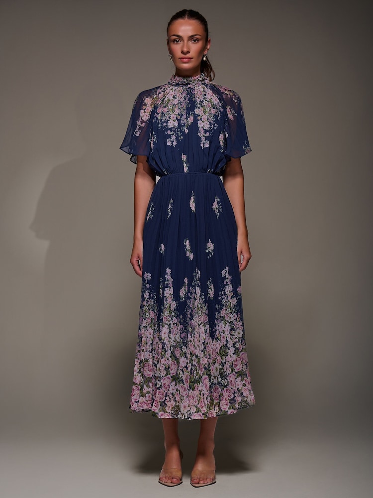 Jolie Moi Navy Floral High Neck Short Sleeve Pleated Chiffon Dress - Image 1 of 6 Jolie Moi Navy Floral High Neck Short Sleeve Pleated Chiffon Dress - Image 1 of 6