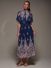 Jolie Moi Navy Floral High Neck Short Sleeve Pleated Chiffon Dress - Image 3 of 6