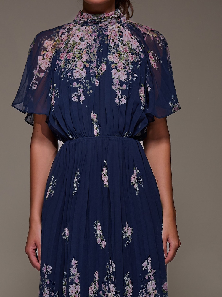Jolie Moi Navy Floral High Neck Short Sleeve Pleated Chiffon Dress - Image 6 of 6 Jolie Moi Navy Floral High Neck Short Sleeve Pleated Chiffon Dress - Image 6 of 6