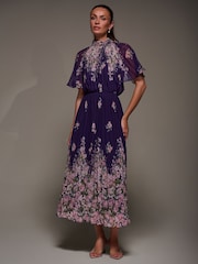 Jolie Moi Purple High Neck Short Sleeve Pleated Chiffon Dress - Image 3 of 6